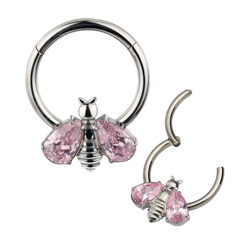 Piercing Body Jewelry ASTM F136 Titanium Bee Shape with Bezel Set CZ Wings Segment Ring Nose Ring Earring for Women