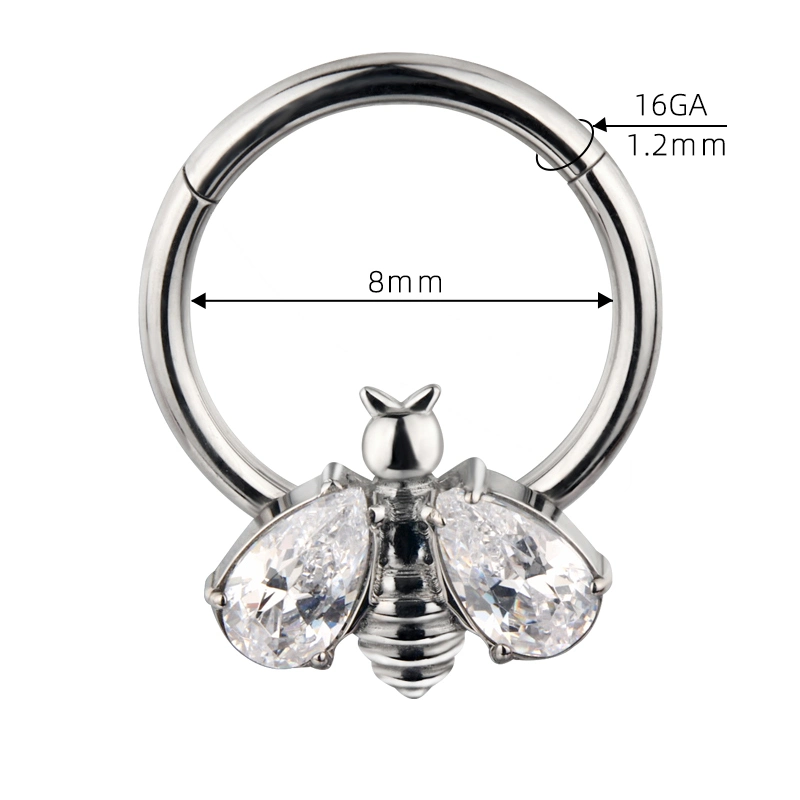 Piercing Body Jewelry ASTM F136 Titanium Bee Shape with Bezel Set CZ Wings Segment Ring Nose Ring Earring for Women